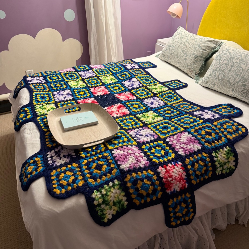 Handmade Crochet Granny Square Blanket Retro Multi Color Boho Eclectic Throw 80s